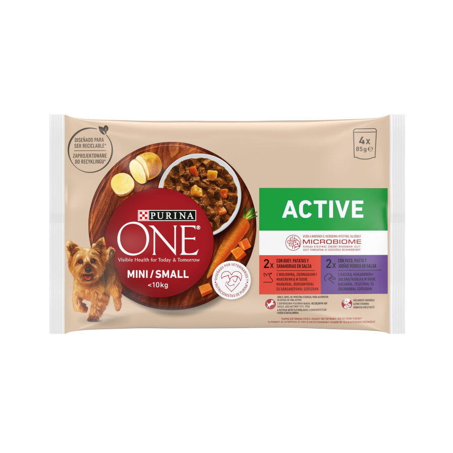 4 sobres x 85 g One Adult Mini Small Active  Buey y Pato en Salsa sobre para perros, , large indicador imagen numero 1